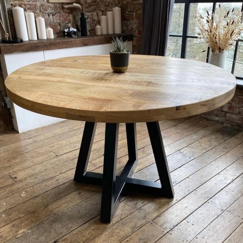 Image of Solid Mango Wooden Round 4 Seater Dining Table for Living Room, Bedroom, Hotel & Home, Natural Finish, (118 x 118 x 76 Centimeters)