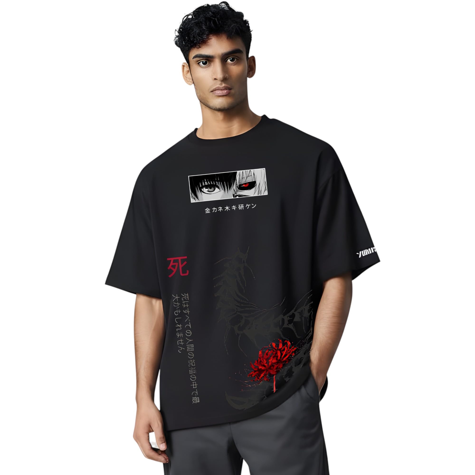 Yume Oversized Ken Kaneki Printed T-Shirt for Men and Women | 240 GSM Cotton Black Tee | Tokyo Ghoul Anime Merch | Relaxed Fit Drop Shoulder Streetwear | Crew Neck Long Length Unisex Shirt (White)-picture-18
