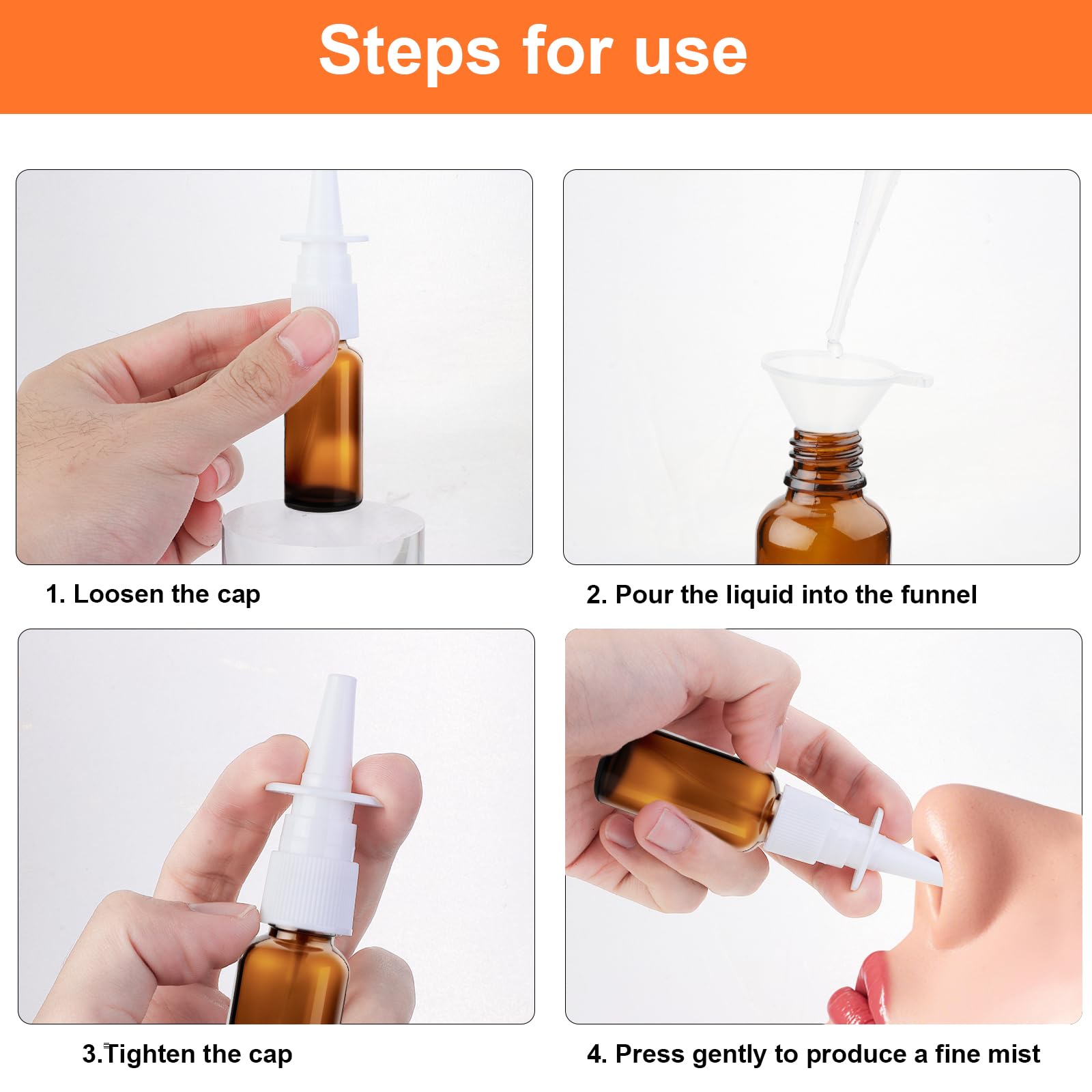 Lot de 5 flacons de spray nasal vide 30 ml en verre vaporisateur nasal à remplir, vaporisateur nasal réutilisable avec pipettes d'entonnoir pour solution saline parfum huile essentielle