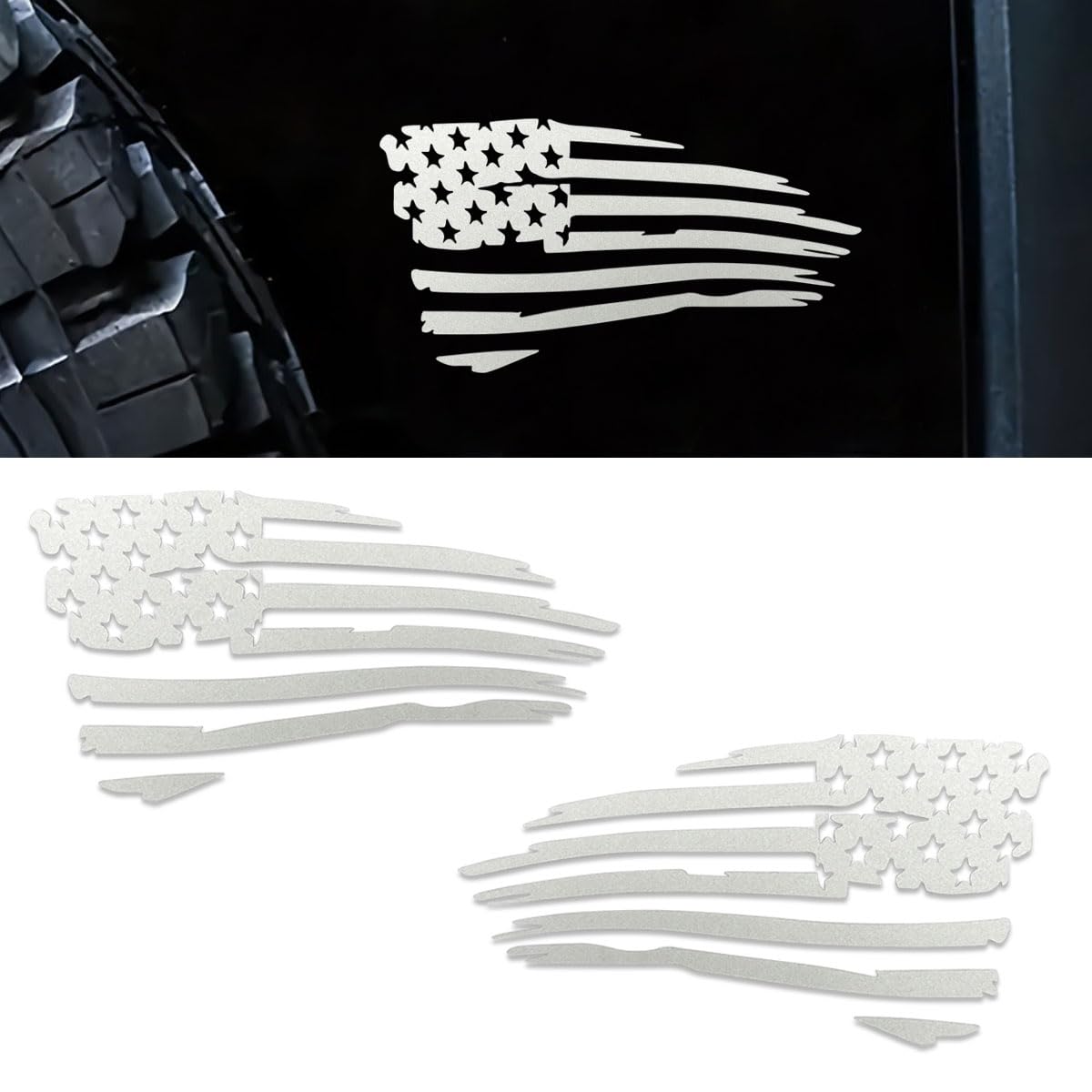 2PCS Reflective American Flag Car Sticker Decal, Vinyl Distressed USA Flag Sticker, 6"x3" Waterproof Car Window Bumper Decal, Universal Vehicle Patriotic Decoration Accessories (White)