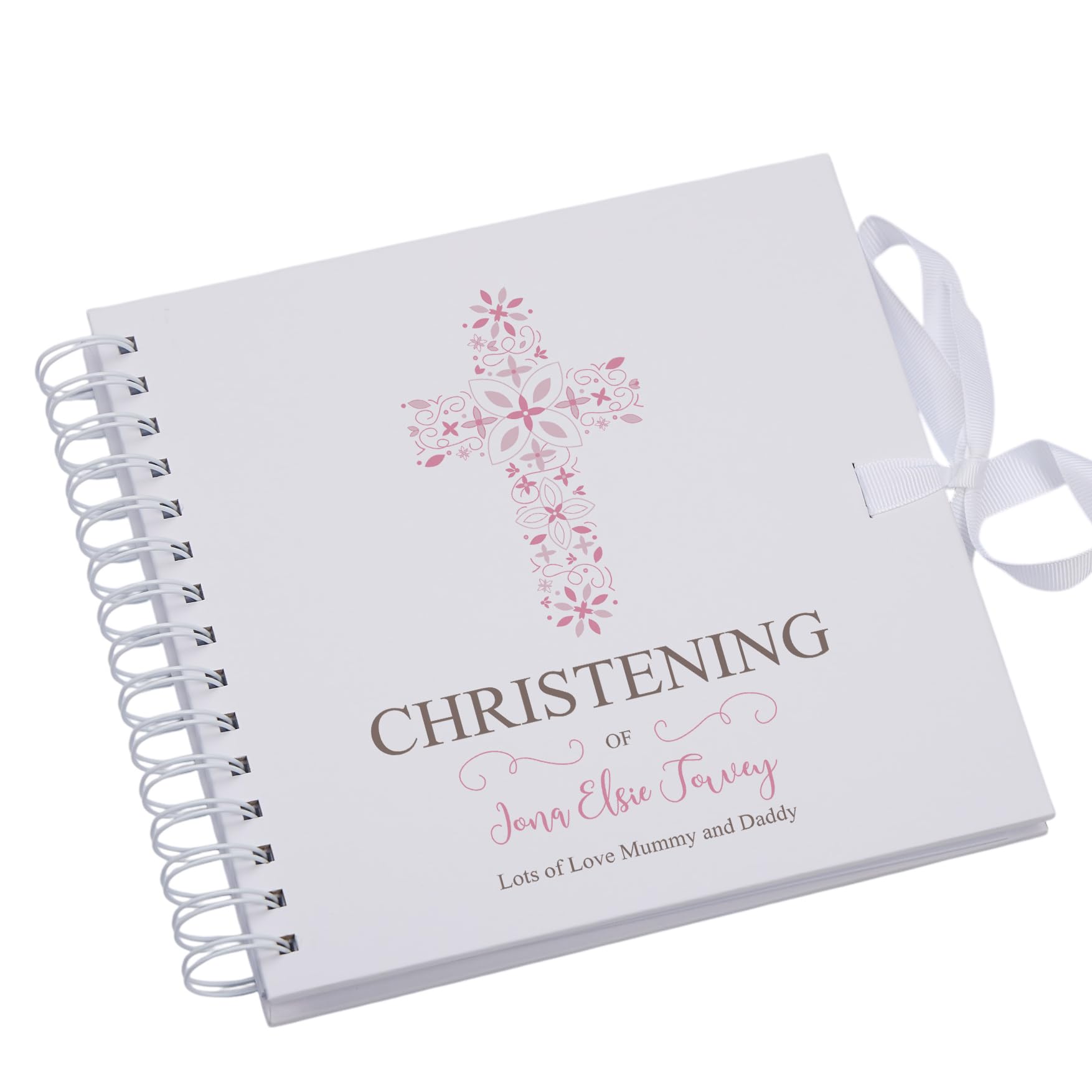 Ukgiftstoreonline White Personalised Christening Pink Ornate Cross Design Scrapbook Photo Album Or Guest Book