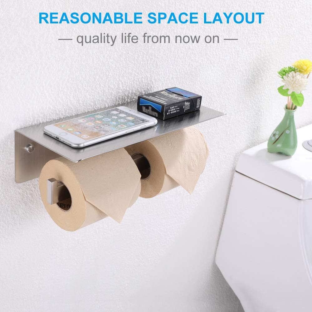 Double Toilet Paper Holder with Shelf Brushed Nickel, APLusee Modern Bathroom Accessories SUS 304 Stainless Steel Commercial Tissue Roll Dispenser Mobile Phone Storage Rack Handy Use : Tools & Home Improvement