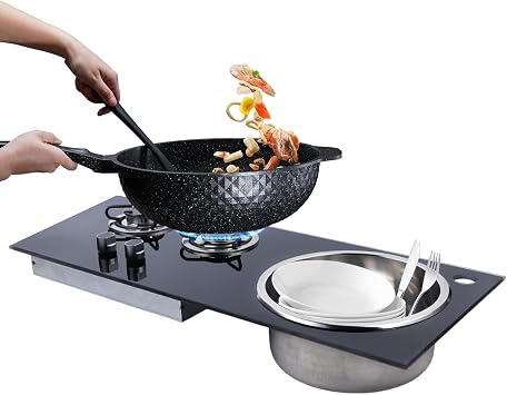 Boat Caravan RV Gas Stove with Sink Combo Cooktop, 2 Burner LPG Camping Stove Hob, Stainless Steel & Camper Tempered Glass Panel Cooktop, for RV, Motorhome, Boat