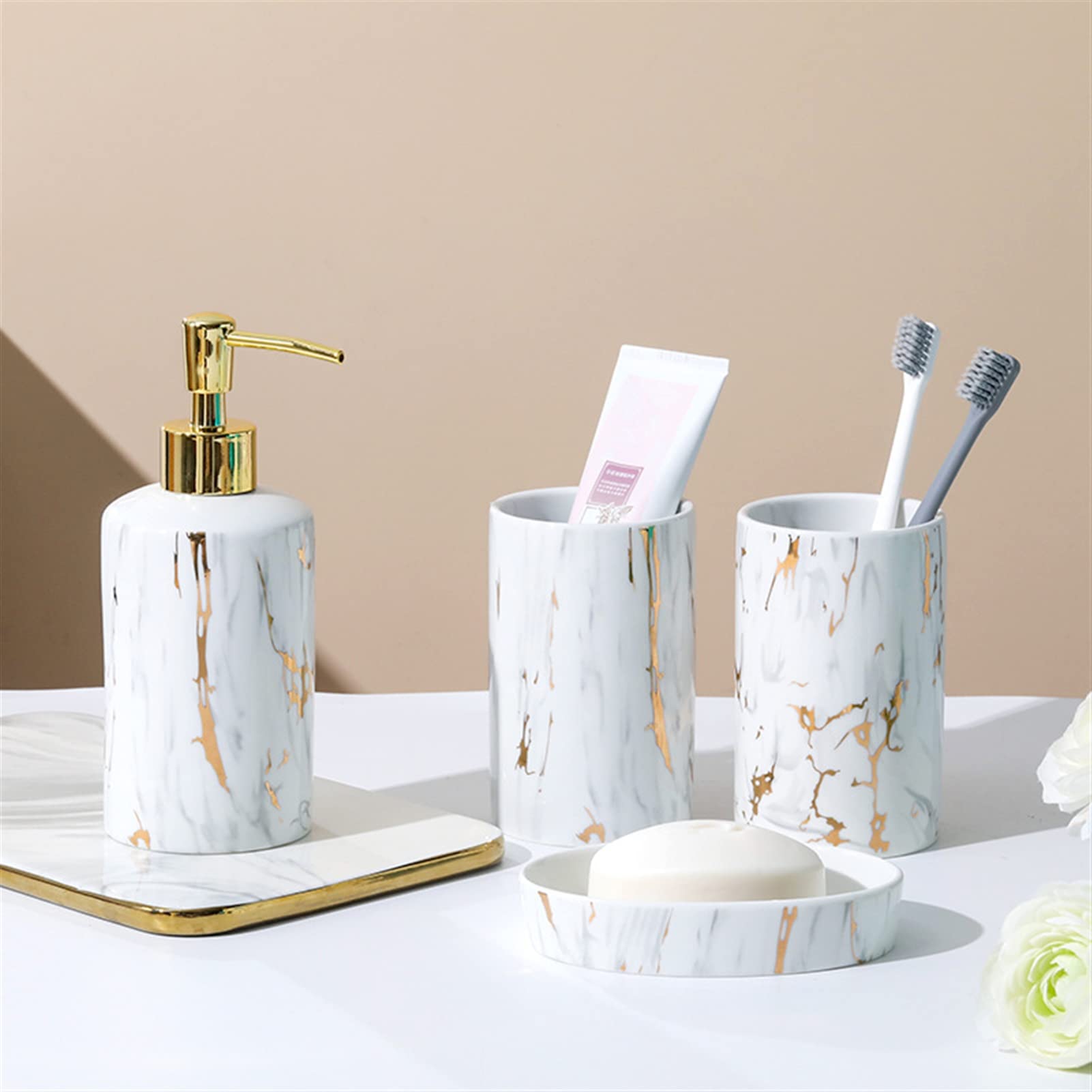 GIBZ Juego de Accesorios de Baño de 4 Piezas de CerÔmica de Estilo Moderno Juego de Accesorios de Lujo Juego de Jabonera, Portacepillos de Dientes, Dispensador de Jabón, Vaso de Baño Blanco