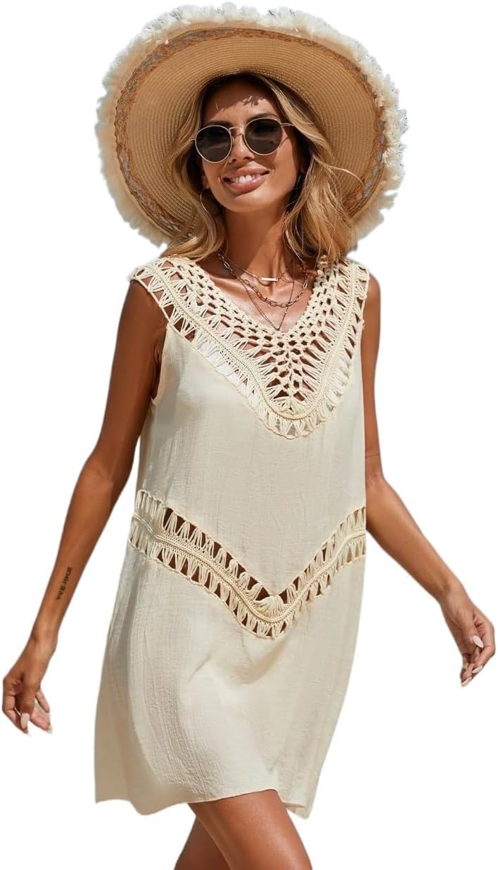 swimsuit coverup for women Outfits V-Neck Sleeveless Casual Hollow Out Cover-Up Dress
