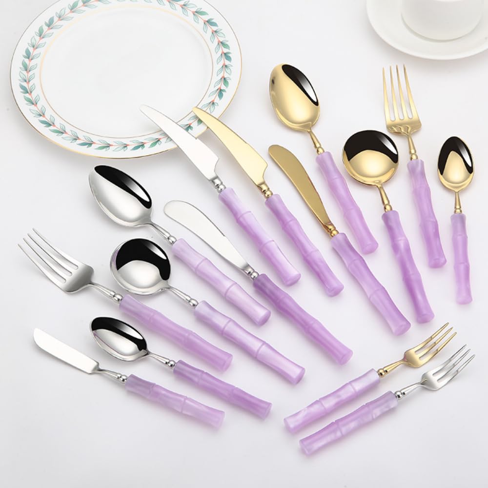Set di Posate con Manico in Acrilico, da Cucina, in Acciaio Inox, Posate, Coltello da Bistecca, forchetta, Cucchiaio, cucchiaino da tè (Beige, Bianco, Argento, Coltello Rotondo - 6