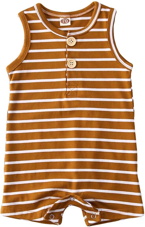 Newborn Baby Boy Girl Romper Jumpsuit Sleeveless Striped One Piece Summer Cotton Clothes (Brown, 0-6 Months)