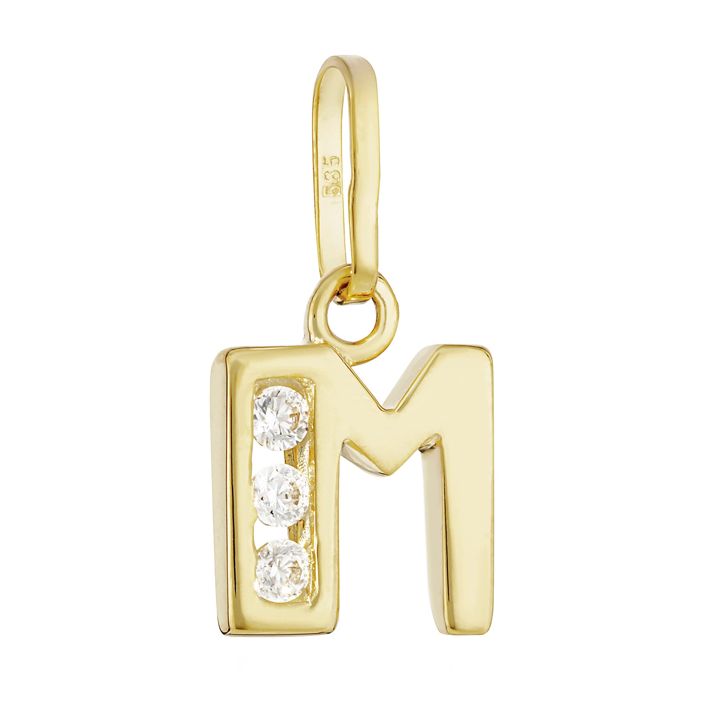 NKlausletter M pendant small 585 yellow gold 14 karat 10x7 mm alphabet cubic zirconia white 13366, Yellow Gold, Cubic Zirconia