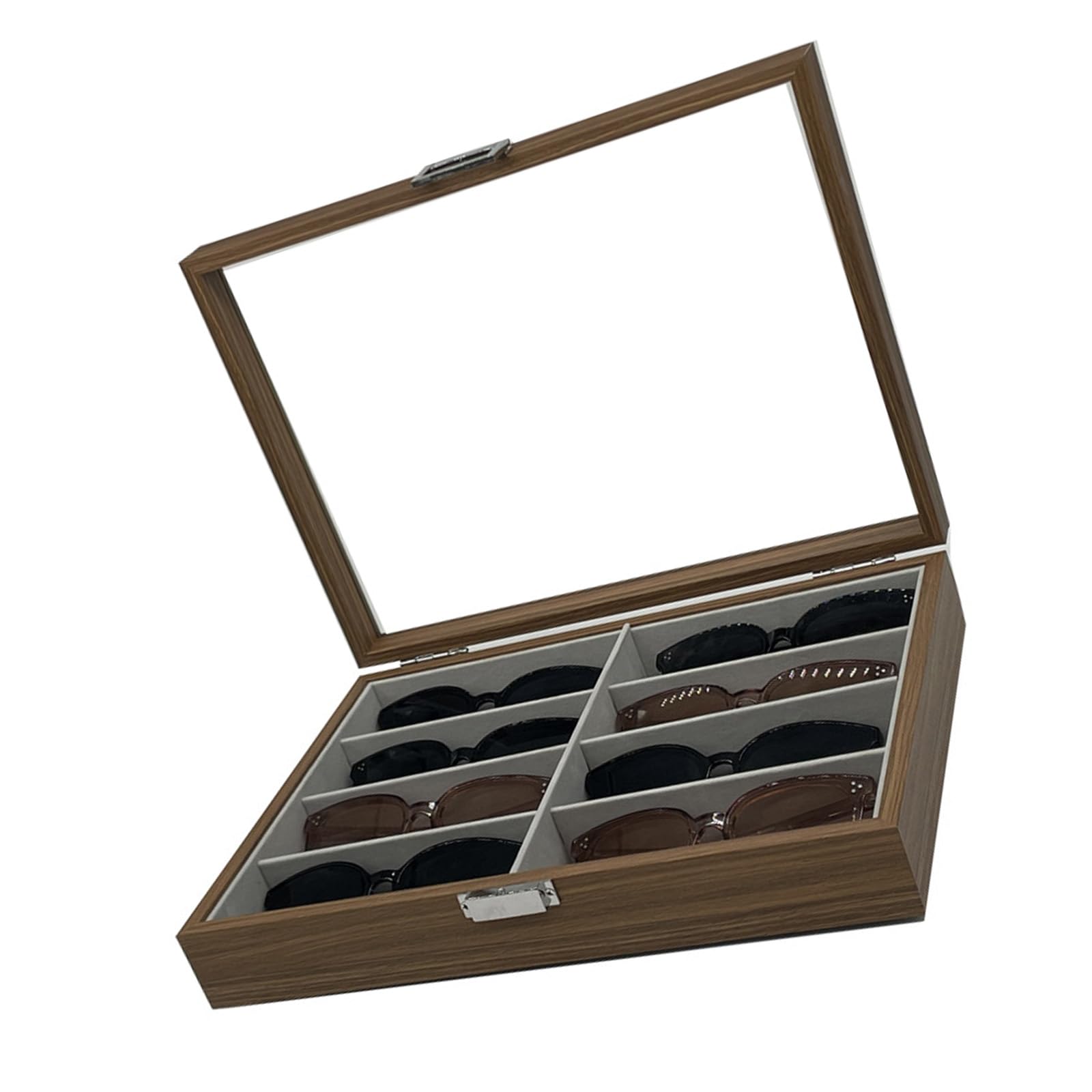 Funktionaler Sonnenbrillen-Organizer mit 8 Schlitzen aus Holz mit grauem Filzfutter, transparente Abdeckung für elegantes Display, Schnellzugriff-Organizer