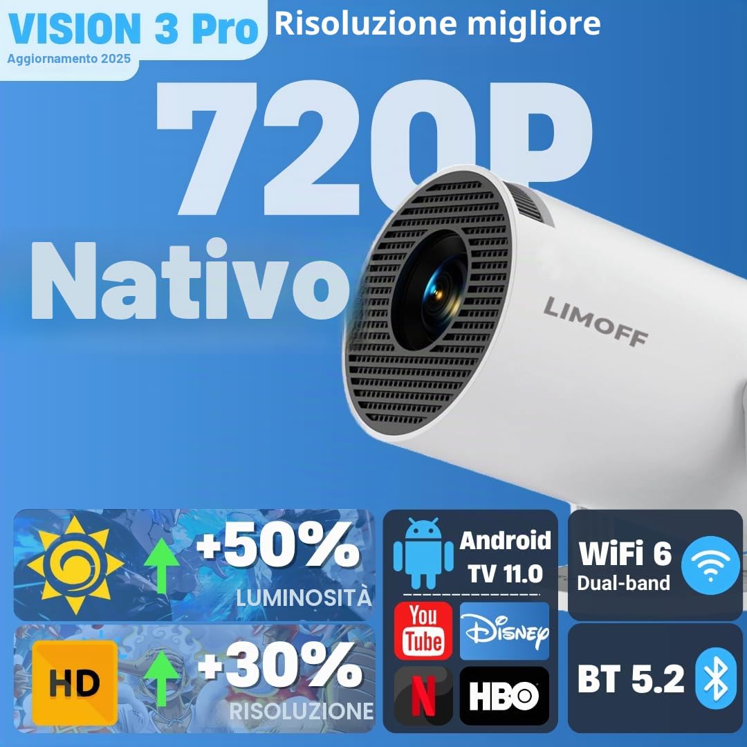 Mini Proiettore Portatile 4K con Android TV 11, WiFi 6 e Bluetooth 5.2, 170 ANSI Lumen – Smart Proiettore Compatibile con Smartphone, TV Stick, PC – Home Cinema HD, Compatto e Facile da Usare