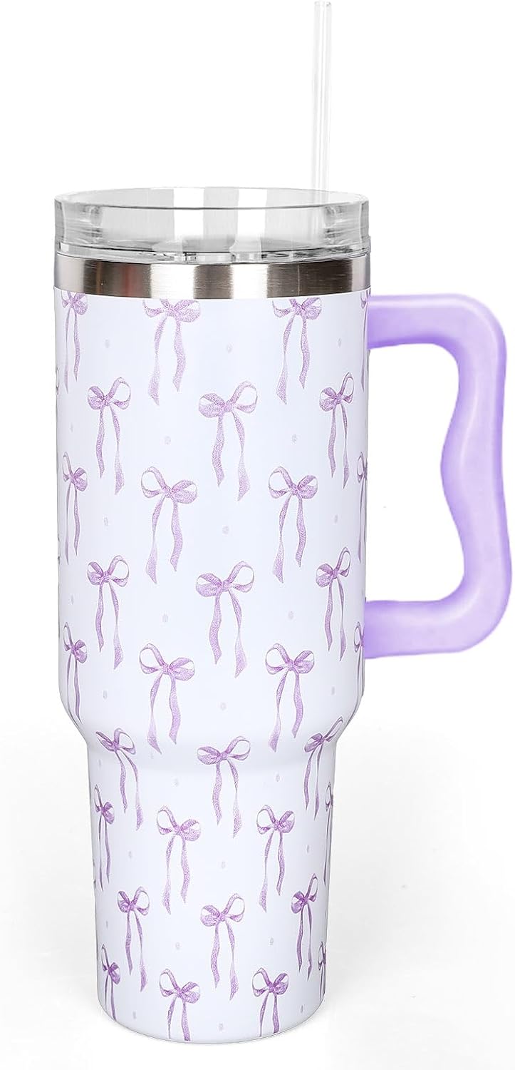 Whaline 40 oz Purple Bow Tumbler with Handle Straw and Lid Bow-Knot Travel Coffee Tumbler Cup for Women Friend Holiday Birthday