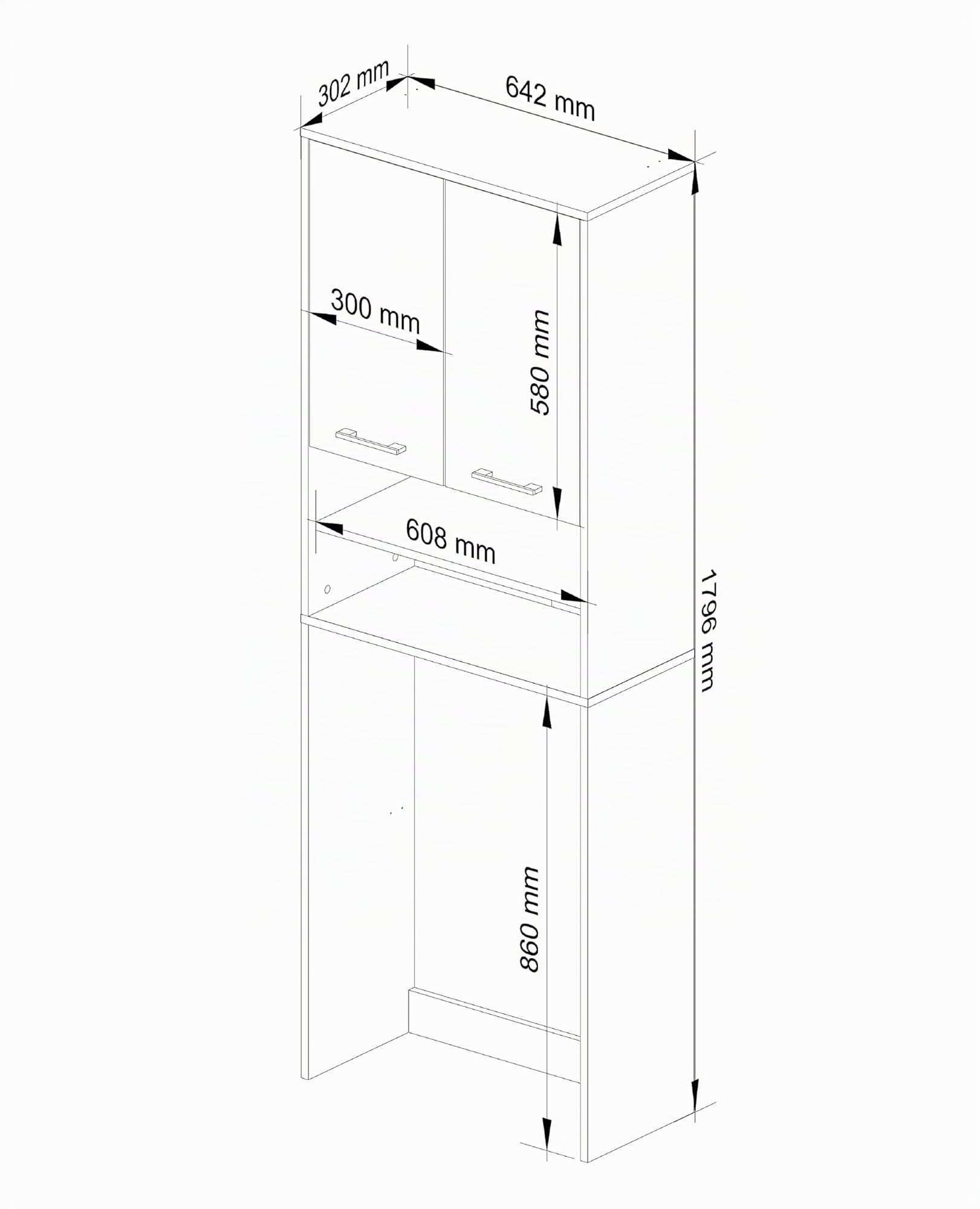 AKORD | Armadio Pensile per Lavatrice | Armadio di trasformazione con 2 ante, 2 Ripiani Aperti | Archivio per bagno | Cassettiera per lavatrice | 64x180x30 cm | Peso 30 kg | Bianco