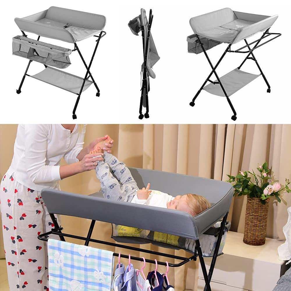 Table à Langer Pliante avec Panier de Rangement à Côté Structure en Fer Charge Max 25KG pour Nouveaux-Nés Design Ergonomique,Table à Langer Pliable et Portable ((80 * 66 * 98cm (gris)))