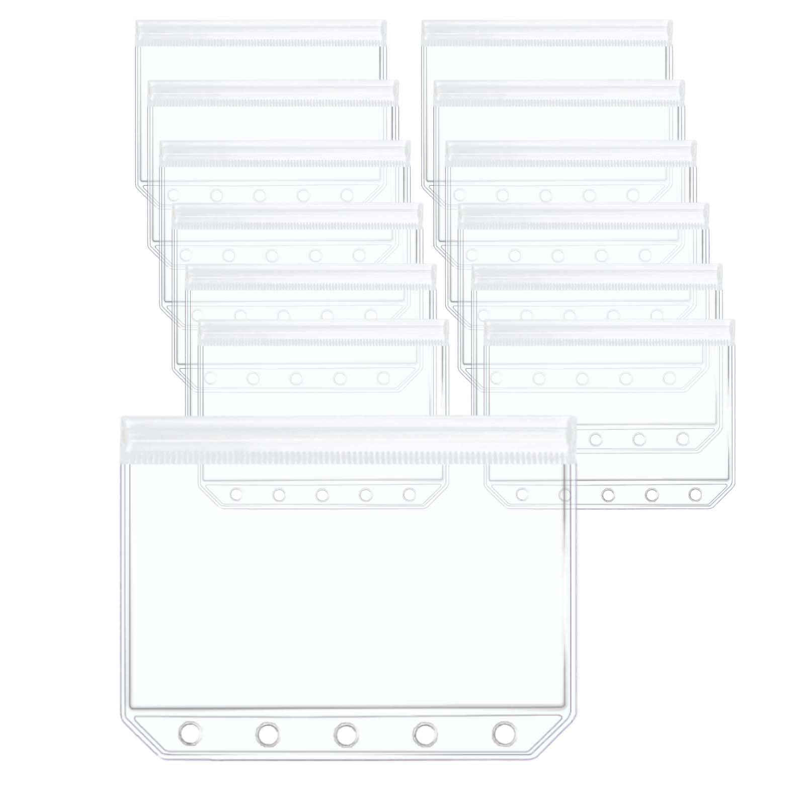 Mogoostry 12pcs A8 Binder Pockets Clear Ziplock Pocket 5 Holes Transparent Plastic Binder Pouches Flat Sealing Zipper Storage Bag Mini Cash Envelopes