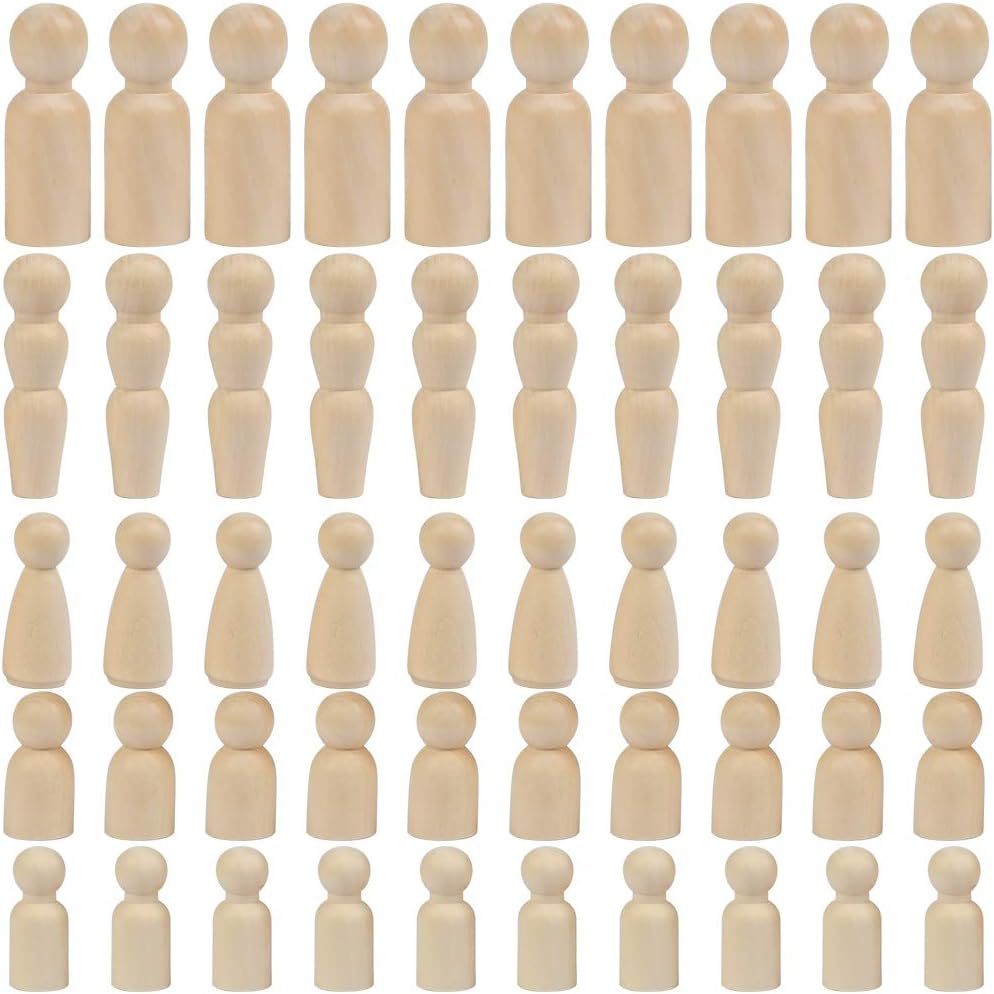 WOWOSS 50 Pack Unfinished Wooden Peg Dolls, Family Peg People Doll Bodies, Natural Decorative Wood Shapes Figures for Painting, Craft Art Projects, Peg Game,5 Assorted Shapes