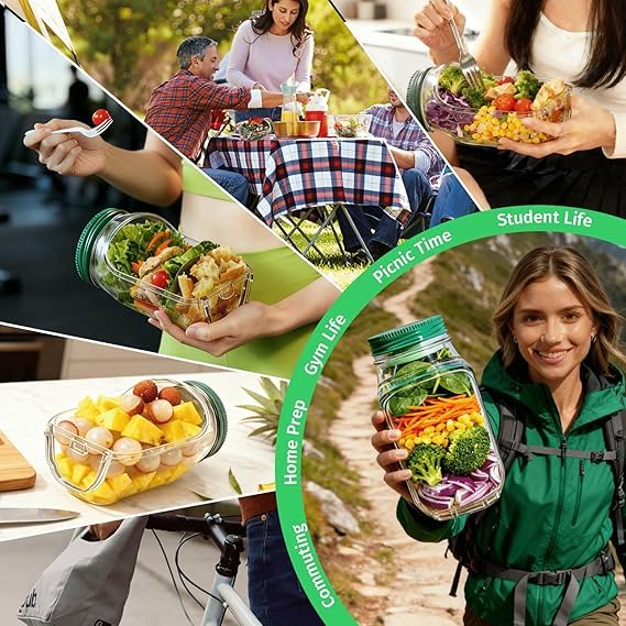 Image of Salad Pod Mason Jar with Side Opening Lid | Leakproof Vertical Layering Lunch Container with Built-in Dressing Compartment | Reusable Portable Salad Box for Office, Travel & Meal Prep (Pack of 1)