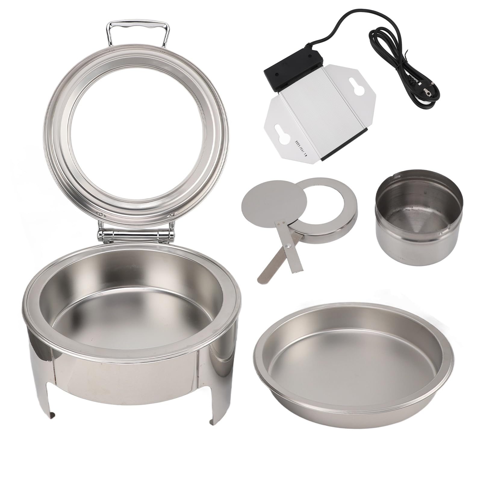 Juego de Buffet Redondo con Tapa Transparente para Eventos de Catering, Calentador de Alimentos de Acero Inoxidable de 6 L, 300 W (1 sartén de tamaño Completo)