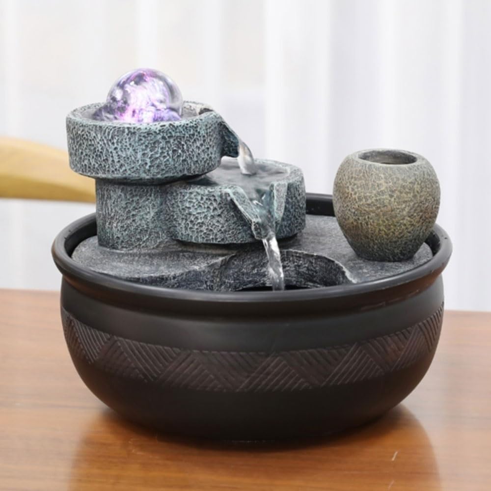 Fuente de Mesa Decorativa para Interior, Fuente de Agua con Cascada, de Resina, con Rueda de Agua, Bomba de Agua, Feng Shui Zen, decoración para salón, Escritorio, 26 x 26 x 23 cm