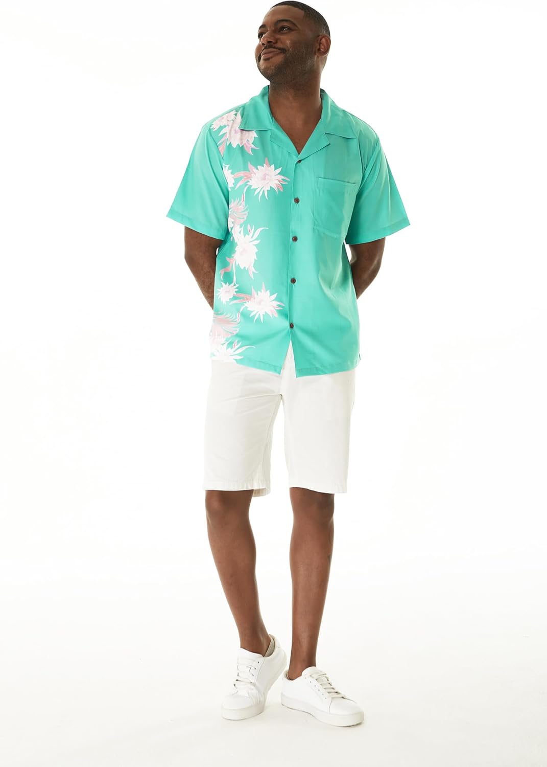 Matchable Couple Hawaiian Luau Men Side Panel Shirt or Women Breezy Island Romper in Wispy Cereus Palm Mist