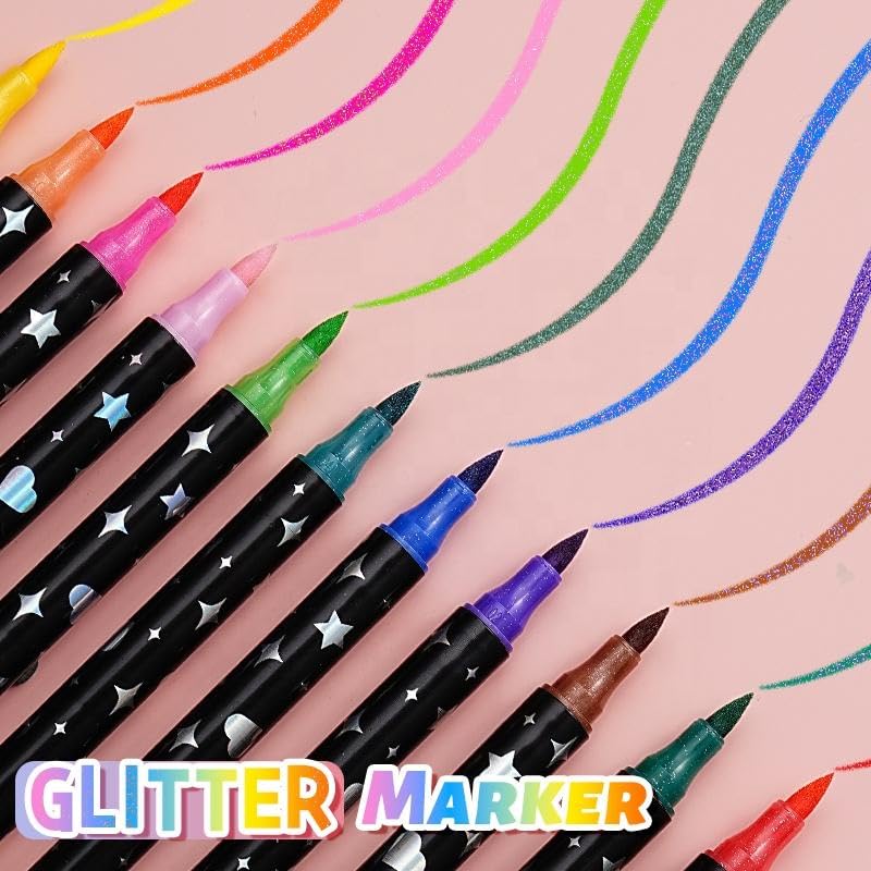 Image of Amitasha 24 Color Shades Art Marker Glitter Brush Pen Set Soft Dual Tip Water-based Shimmer Colors Sketch Pen for Kids Adults DIY Greeting Birthday Cards Scrapbook (12 Pens = 24 Colours)