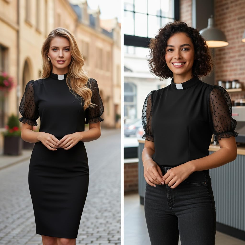 CAMDOM Womens Church Clergy Shirt Tab Collar Tulle Mesh Lantern Short Sleeves Slim Blouse Top