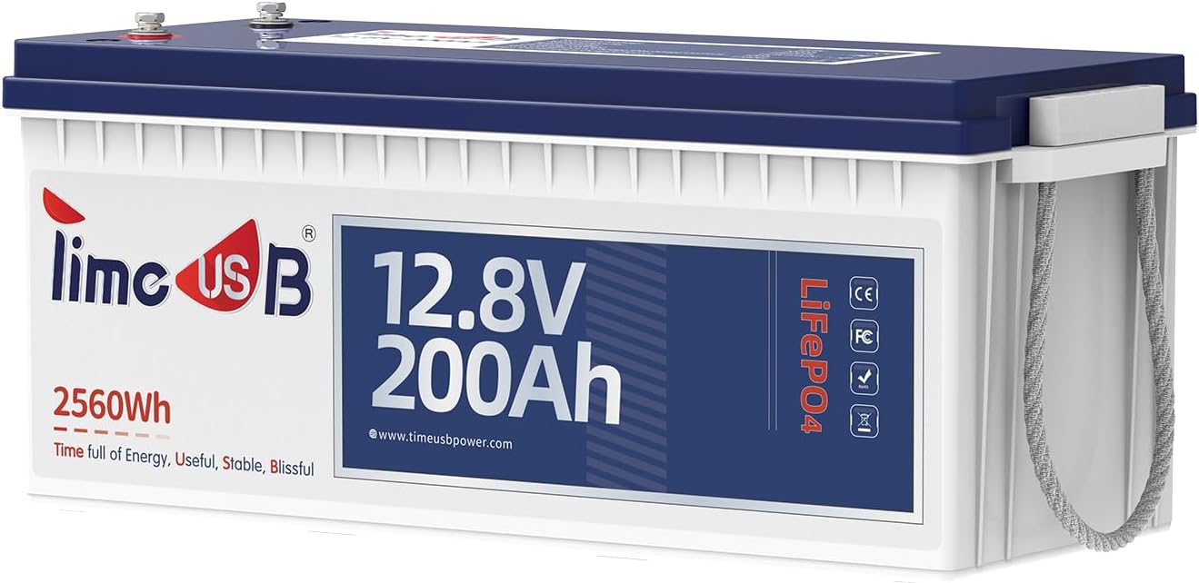Timeusb 12V 200Ah LiFePO4 Battery, 4000+ Deep Cycle Lithium Battery, Built-in 100A BMS, Ideal for Trolling Motor, RV, Solar Panel Systems, and Off-Grid Power Solutions