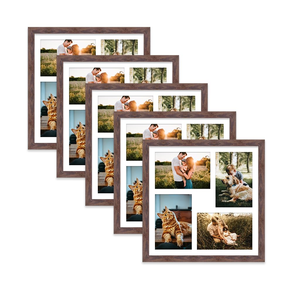 Walnut Multi Photo Frame - Holds 4 x 6x4 Pictures, Family Collage Picture Frame for Wall Display, 12x12 Frame size, Set of 5