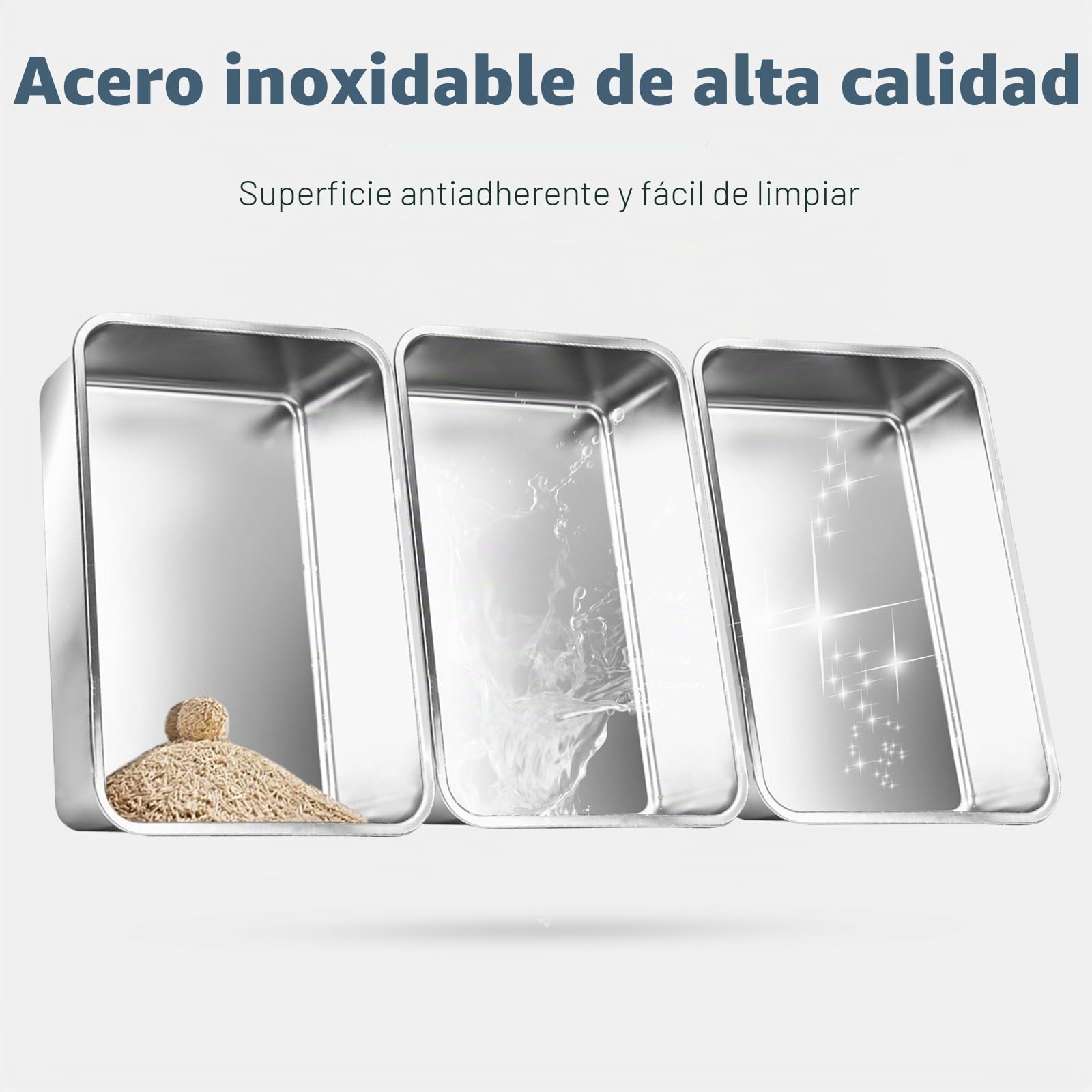 Cajas de Arena para Gatos de Acero Inoxidable con Pala, Bandeja higiénica de Lados Altos, antisalpicaduras, sin olores, Antiadherente, fácil de Limpiar (Gris Oscuro, 3 Unidad)