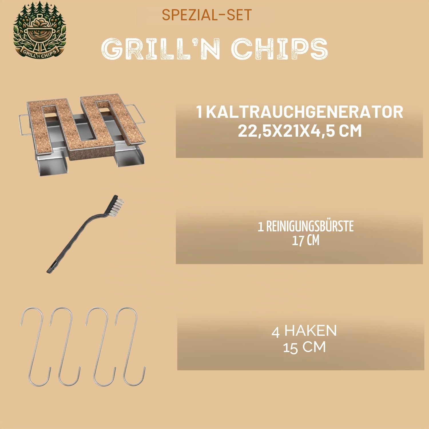 Kaltrauchgenerator/Räucherschnecke für Räucherofen Fleisch und Fisch + 4 Fleischerhaken und 1 Reinigungsbürste - Gratis E-Book