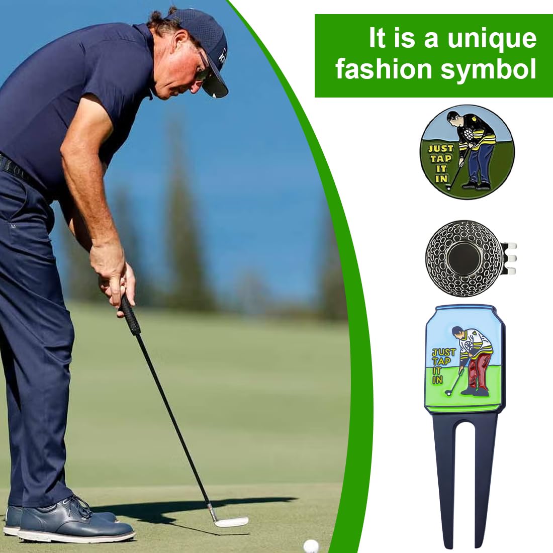 Ballmarker-Set und Golf-Pitchgabel-Reparaturwerkzeug, interessant und spielbar, robust und langlebig, Golfball-Marker zum Putting Grün, einzigartiger Hutclip, Taschenzubehör und lustige