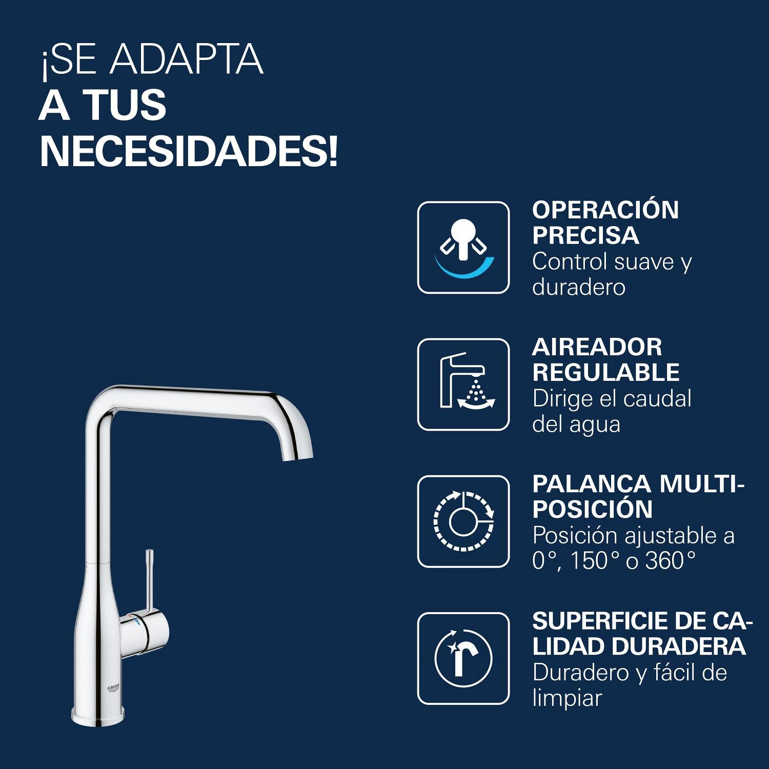 GROHE Essence - Grifo de cocina con ducha extraíble (Monomando giratorio 360°, ahorro de agua con limitador de caudal ajustable, fácil instalación en fregadero), cromo, 30269000