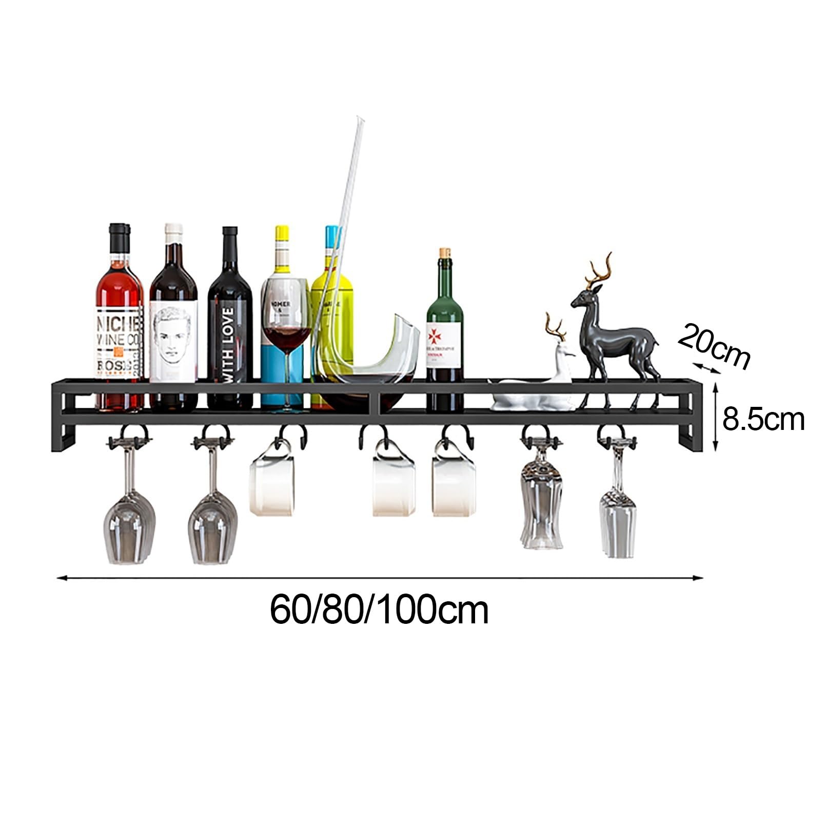 Botellero Moderno de Pared de Metal con Estante de Cristal, Soporte para Copas y Enfriador de Botellas Flotante para el hogar, Bar, Cocina, cafetería o Bodega.