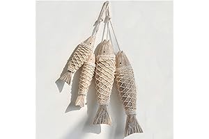 Lake House Décor, Set of 4 Antique Hand Carved Wood Fish Sculpture with Fishing Net