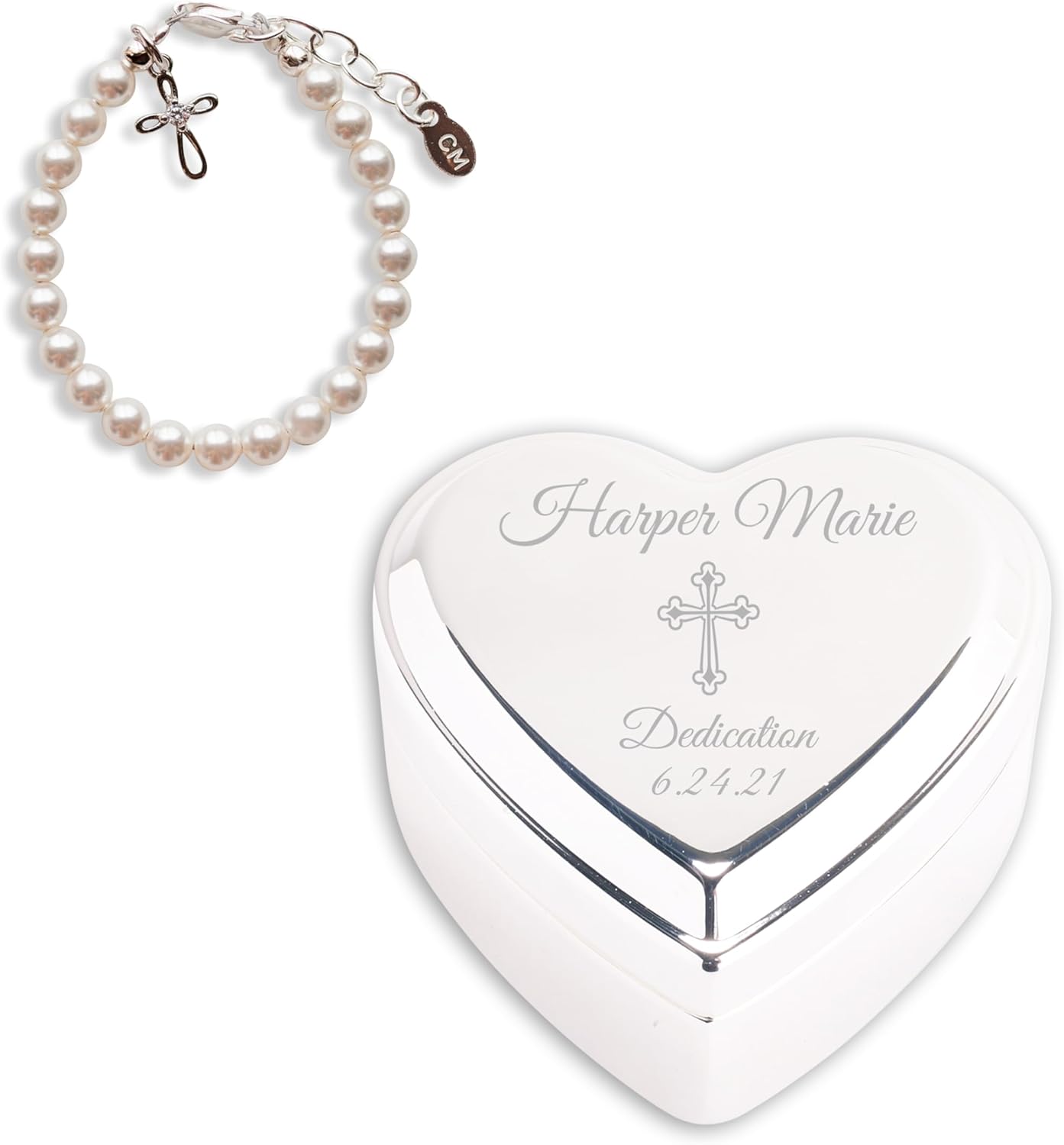 Cherished Moments Christening, Dedication or Baptism Gift for Girls Includes a Personalized Engraved Jewelry Box and 925 Sterling Silver Cross Bracelet with Simulated Pearls