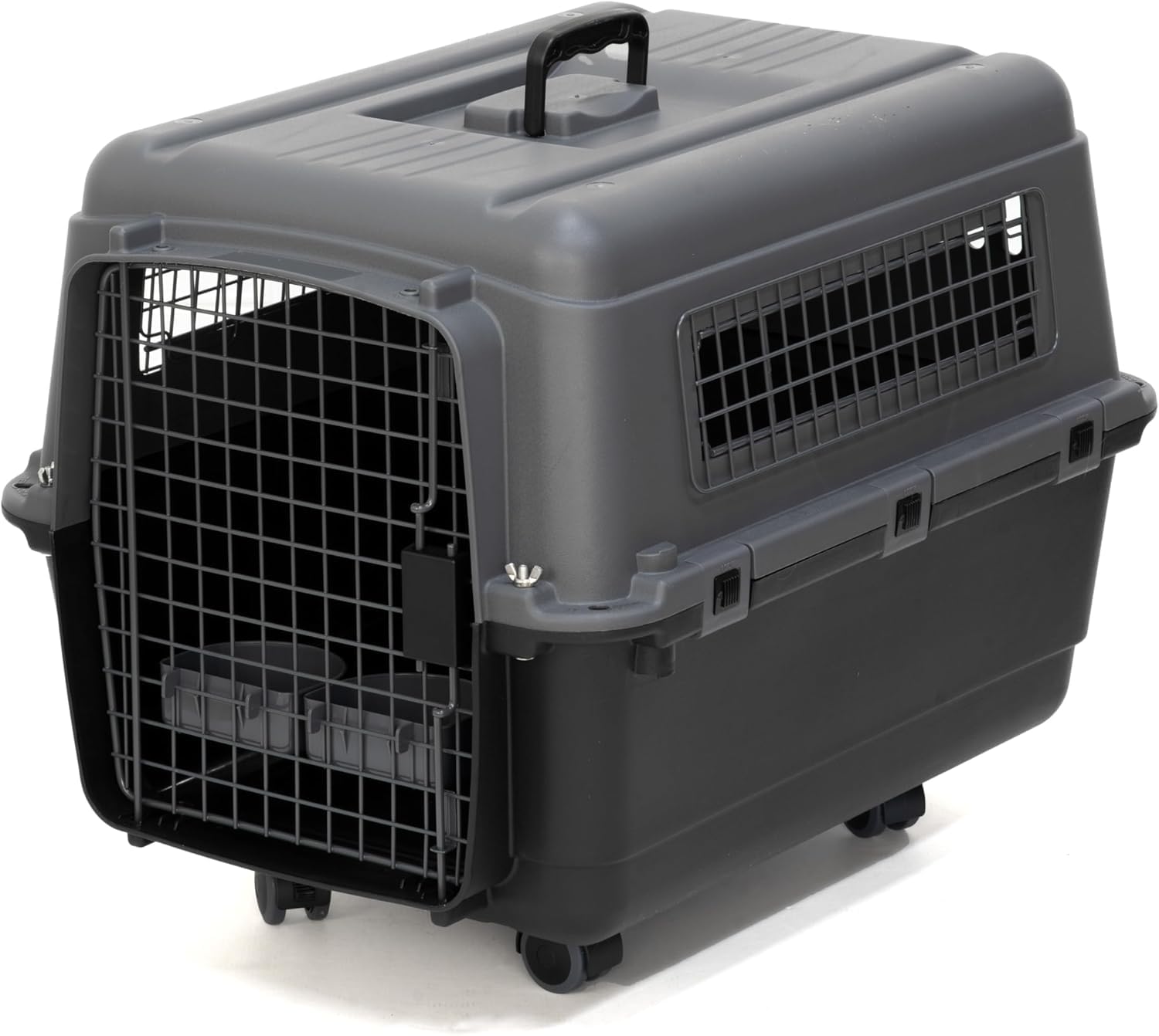 SportPet Airline Compliant MEDIUM 24.25" Travel Dog Kennel-Durable Plastic Airline Pet Carrier w/ Removable Wheels & Food Bowls, Collapsible Indoor/Outdoor Dog Kennel, Dogs up to 23"L & 15"H-Dark Gray