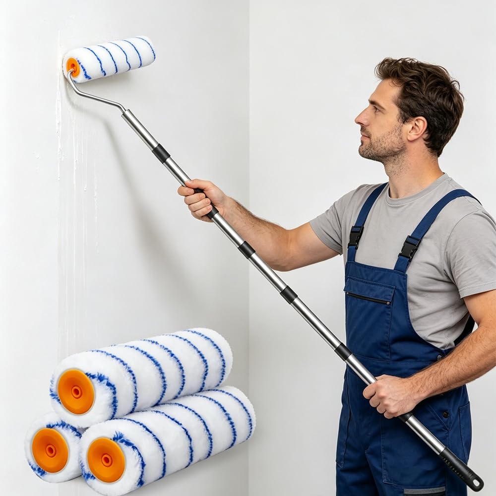 Rodillo para pintura, rodillo de pintor, rodillo de pintura para pintura de pared, 3 piezas de rodillo de pintura de 23 cm, vara telescópica de aleación de aluminio de 17-83 pulgadas, vara