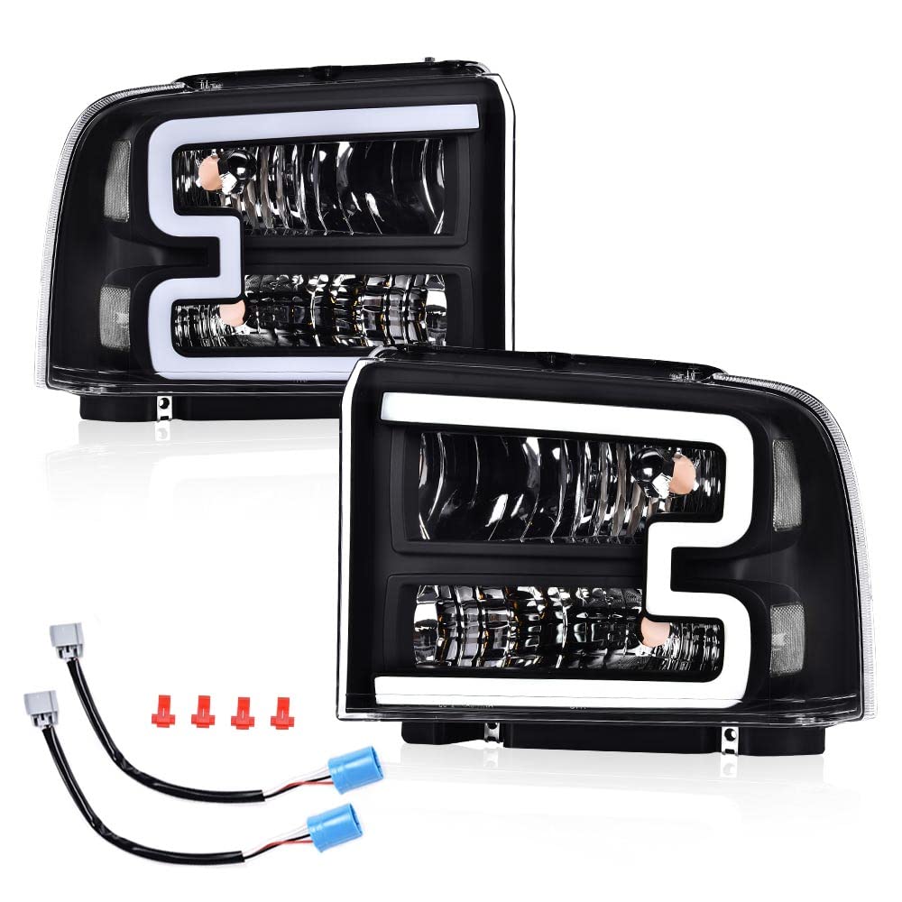 PIT66 LED DRL Headlight Compatible with Ford F250 F350 F450 F550 Super Duty 2005-2007/Compatible with Excursion 2005 6C3Z13008DB,6C3Z13008CB Clear lens Black Housing Clear Reflector