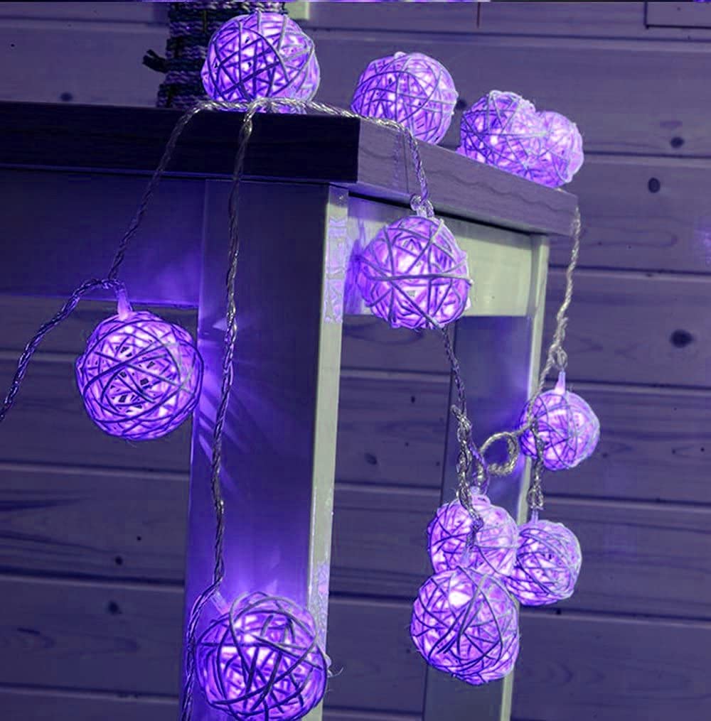 Rattan Ball String Lights, 2.2M 20LED Indoor String Lights Rattan Ball Fairy String Lights Globe Rattan Ball String Lights for Home Garden Battery Operated (Purple)