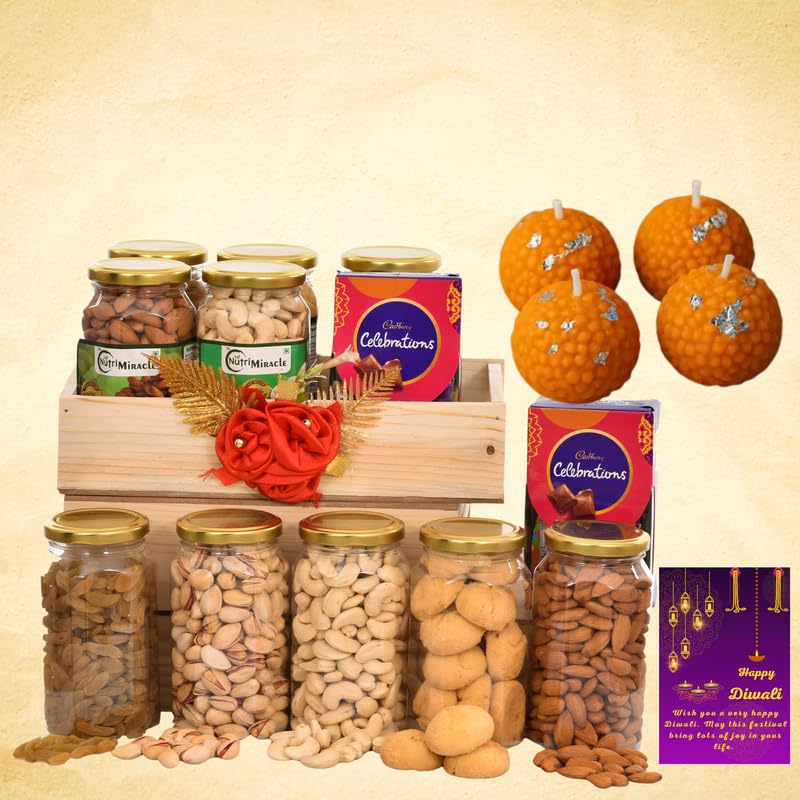 Image of NUTRI MIRACLE Diwali Gift Hamper Dry Fruits Chocolates Nuts Laddu Candles for Staff & Colleagues