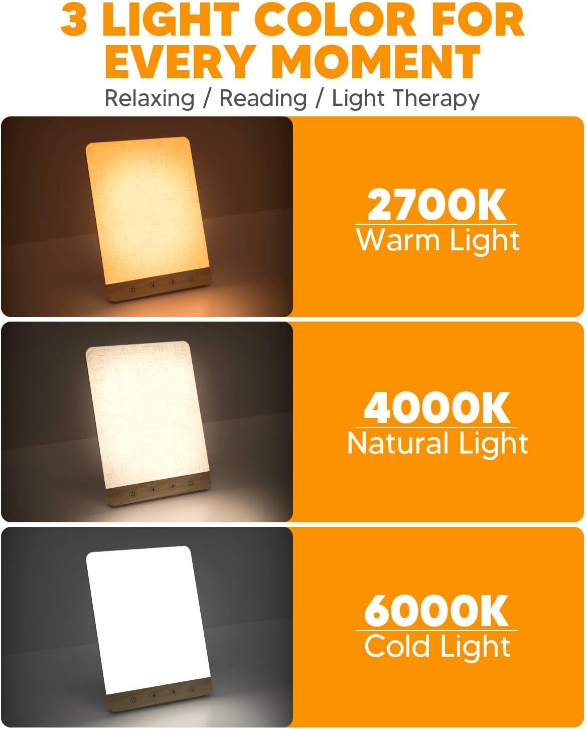 Light Therapy Lamp, 10000 Lux Sun Lamp, UV-Free, 3 Light Color, 5 Brightness, Timer, Frameless Design, Full-Spectrum Sunlight for Home, Office, Shift Worker