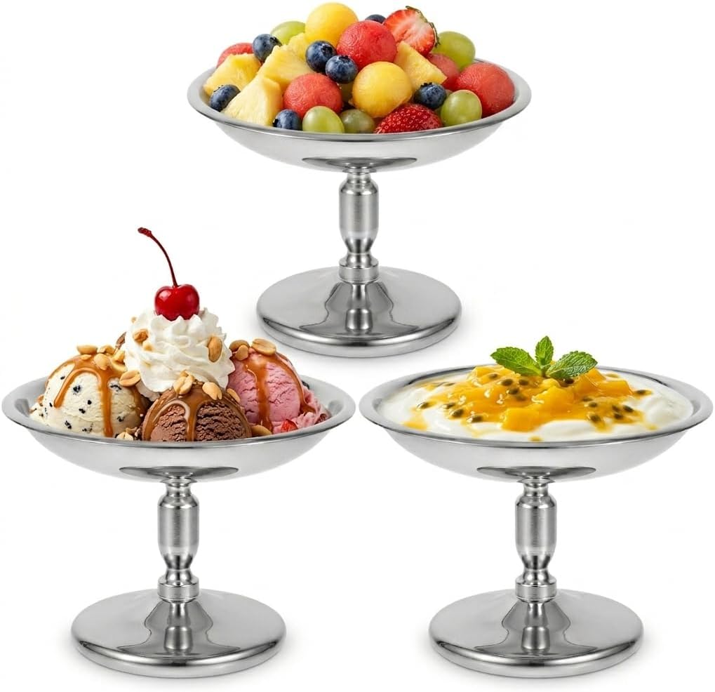 Stainless Steel Ice Cream Bowls Set | 3Pcs Silver Pedestal Bowl for Dessert | Unbreakable Metal Dishware | Elegant Vintage Cups for Sundae, Fruit, Cup Cereal, Wedding & Holiday Party Serving(4 Inch)