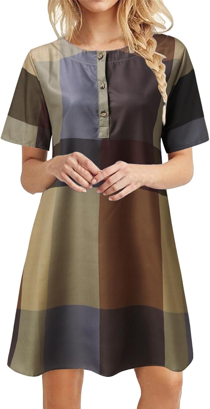 Amazon Co Jp パーティードレス 大きいサイズ 結婚式 Nananey女性の夏のカジュアルなtシャツドレス格子縞のプリント半袖ボタンドレス パーティードレス パンツ 授乳 服 ファッション小物