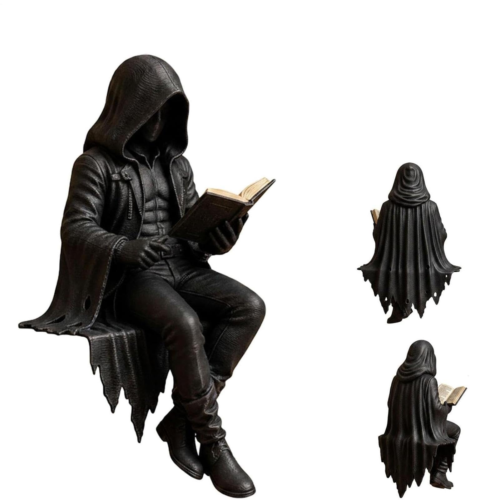 2026 Gothic Dark Fantasy Figure, Reading Death Gothic Skeleton Hooded Figurine, Resin Sitting Reaper Shelf Decor, For Home Living Room Bedroom Shelf Tabletop