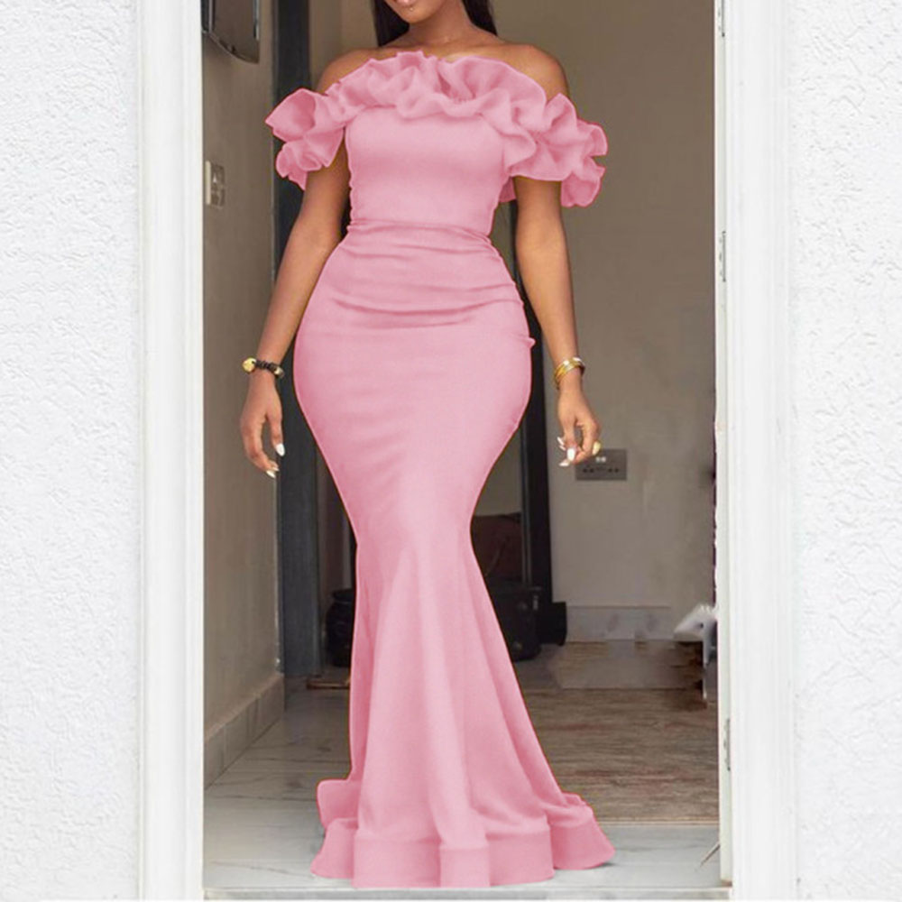 Amazon.com: Cololura Sexy Floor-Length Off Shoulder Ruffles Stringy  Selvedge Mermaid Bodycon Party Evening Maxi Dress Black : Clothing, Shoes &  Jewelry