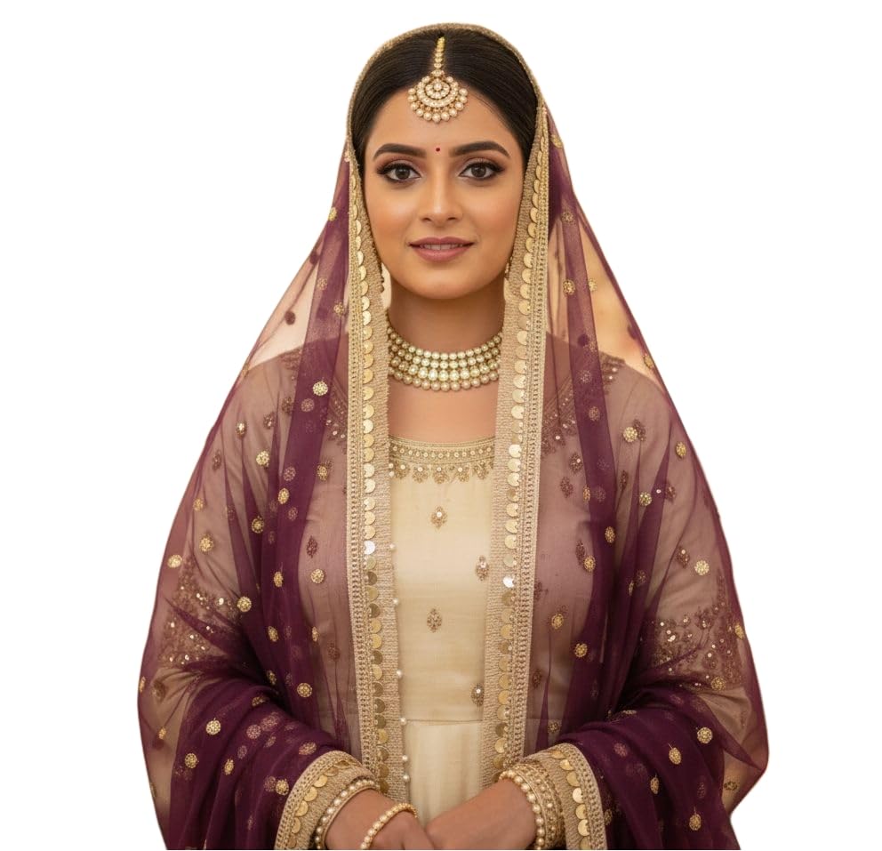 Image of Navti Creations Women's Lightweight Net Dupatta With Sequence Embroidery & Kiran Border (Length 2.25m)