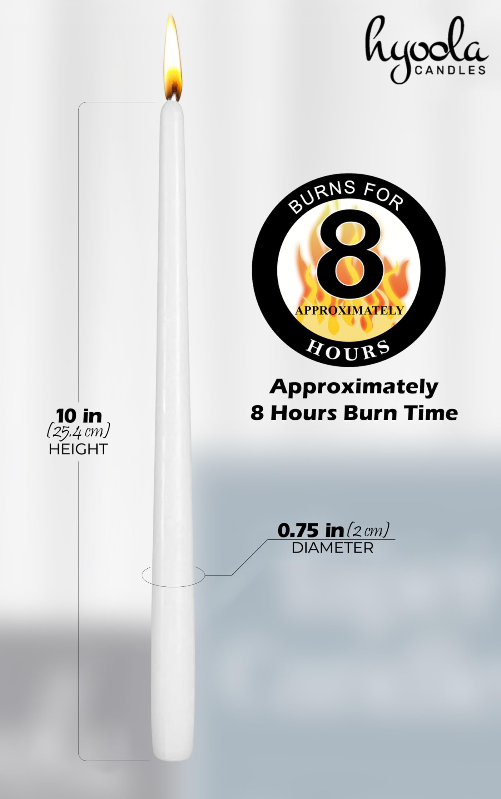 Hyoola White Taper Candles - 250 mm (10 Inch) Unscented Dripless Taper Candles - 8 Hour Burn Time - 12 Pack