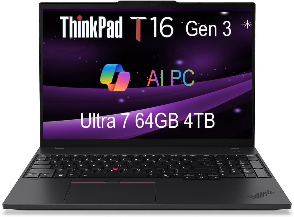 Lenovo ThinkPad T16 Gen 3 Business AI PC Laptop (16″ FHD+, Intel Core Ultra 7 155U (>i7-13700H), 64GB DDR5 RAM, 4TB SSD), 5MP Webcam, Backlit, Fingerprint, Wi-Fi 6E, Ethernet, Win 11 Pro, 2025, Black