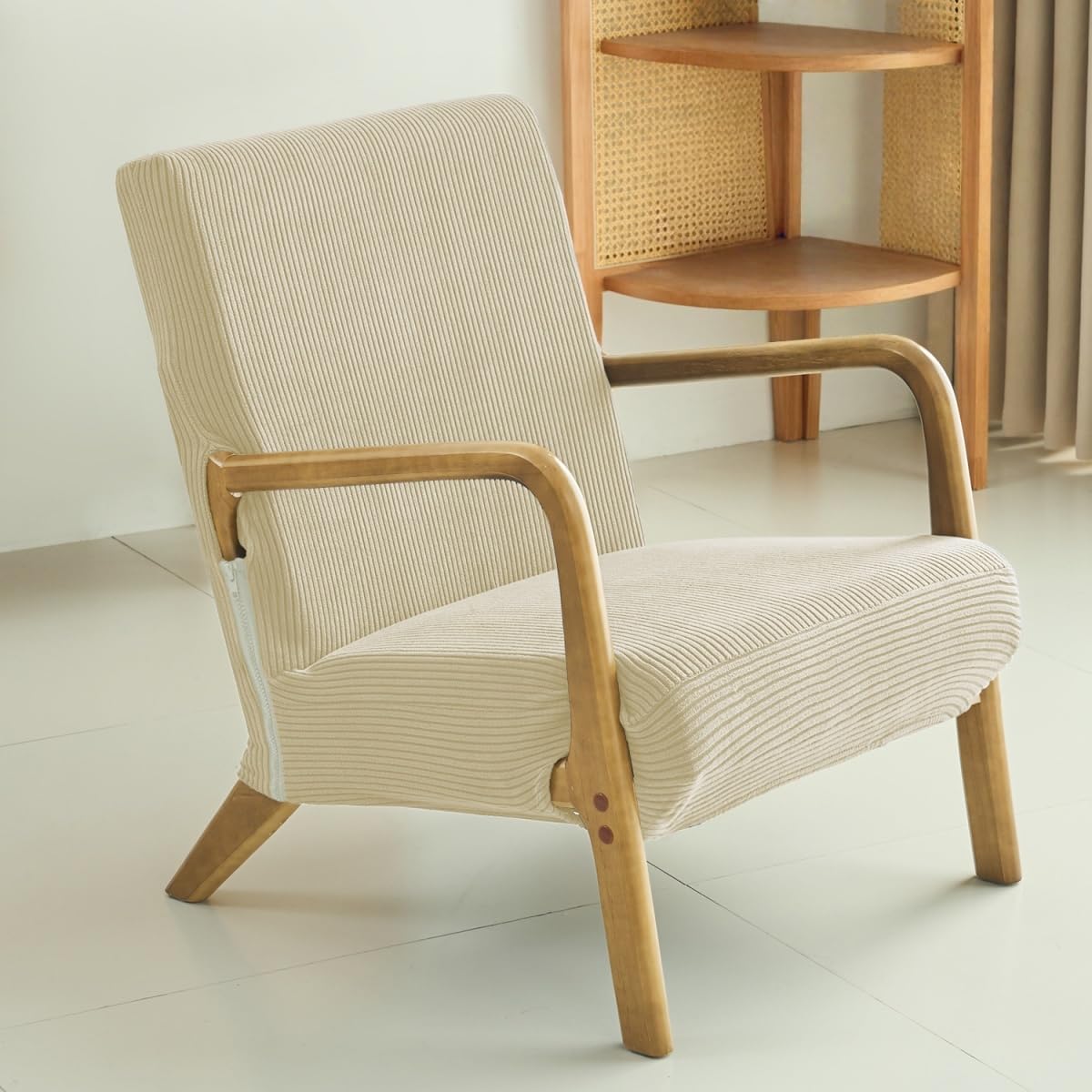 Highdi Armchair Cover Accent Chair Cover, Stretch Striped Jacquard Retro Lounge Arm Chair Slipcovers Non-slip with Zipper for Bedroom Living Room Office Reception (Beige)
