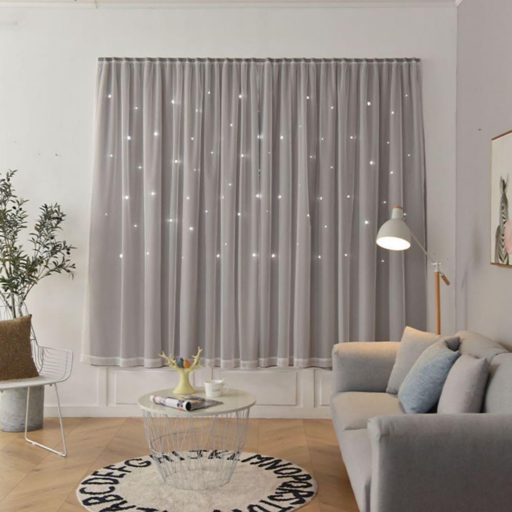 Maritown Self Adhesive Blackout Curtain Stick On No Drilling Window Curtains Double Layer Thermal Insulated Hollow Stars Kids Curtains for Nursery Bedroom Living Room (Grey, 150W x 150H cm)