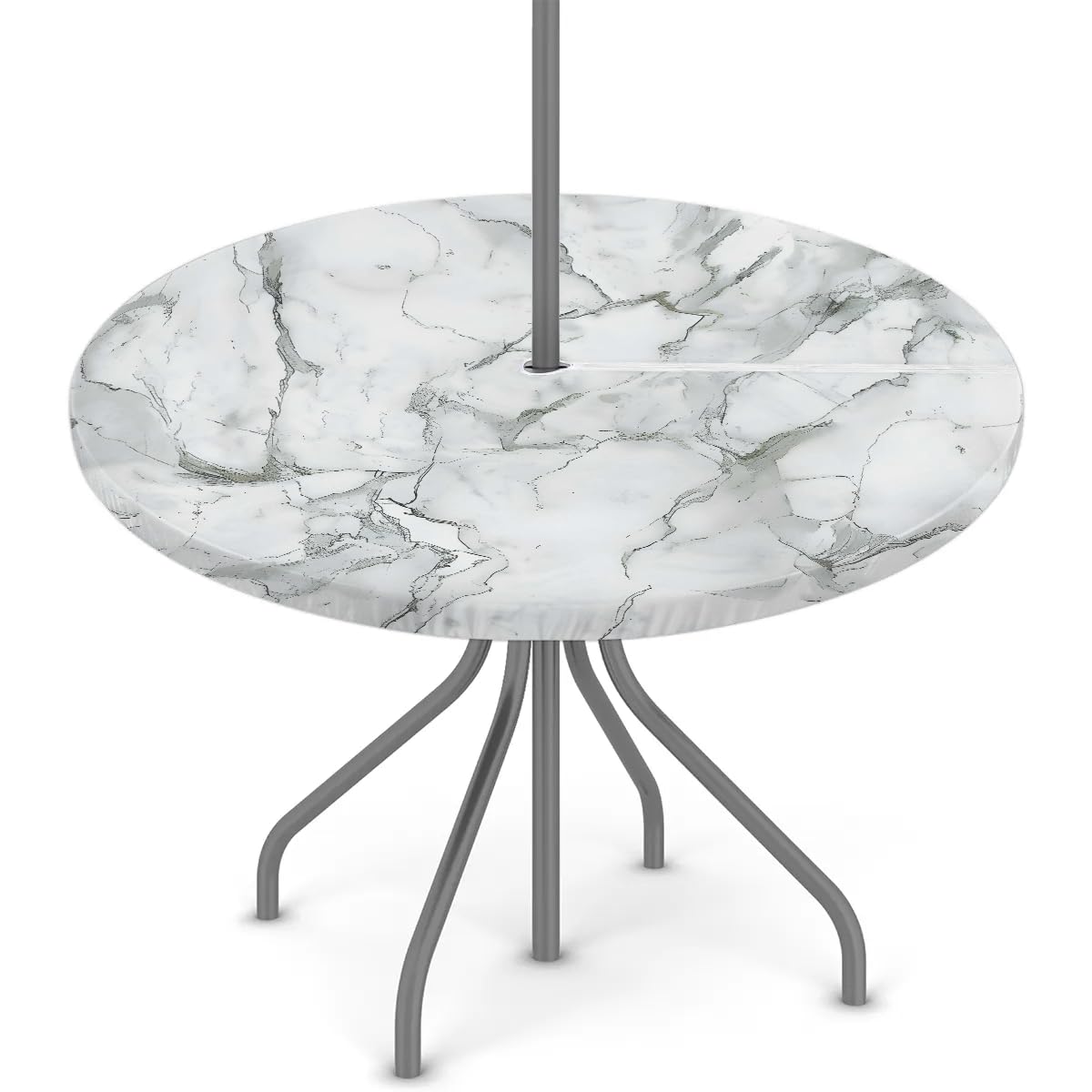 Tablerazzi Marble Round Outdoor Tablecloth with Umbrella Hole and Zipper Grey White Fitted Tablecloth Wipeable Table Cloth for Picnic Garden, 36''-44''